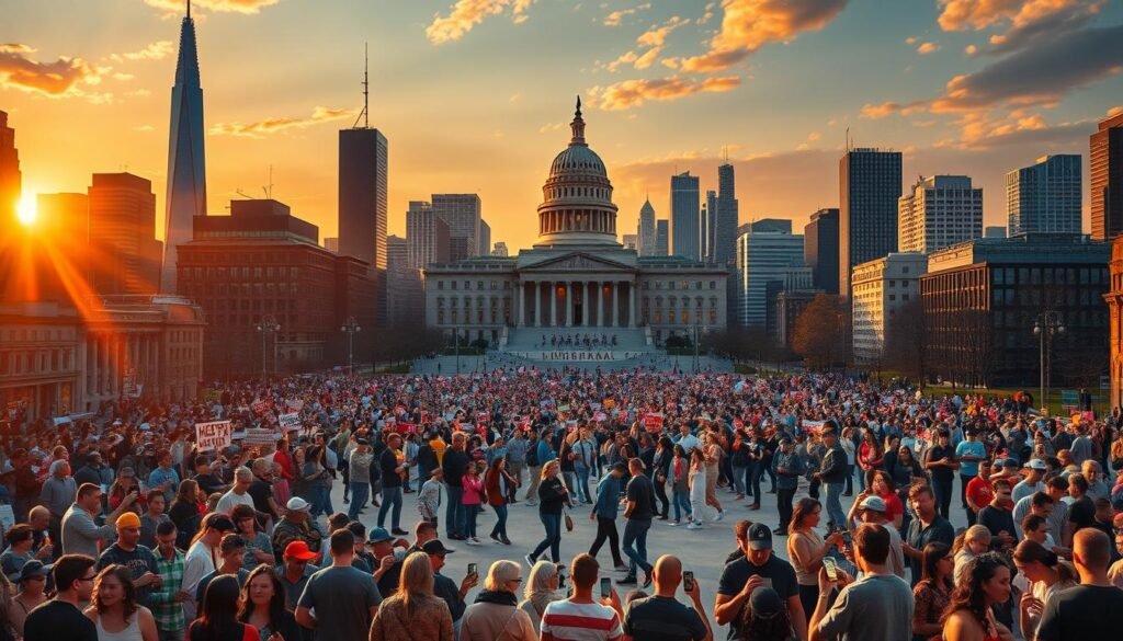 A bustling city skyline with towering skyscrapers and modern architecture, illuminated by a warm, golden sunset. In the foreground, groups of people gather around mobile devices, engaged in lively discussions and sharing content on various social media platforms. The middle ground features a large, open public square, where citizens of diverse backgrounds are seen protesting, debating, and exercising their political voices. In the background, a shadowy, looming government building symbolizes the complex interplay between digital media, civic participation, and political power. The scene conveys a sense of energy, connectivity, and the evolving role of social media in shaping the political landscape.