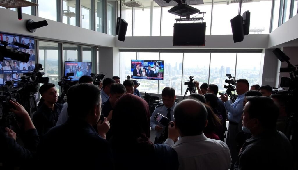 A bustling media center in the heart of Dalwa, Pasuruan, with reporters and cameramen capturing the latest news. In the foreground, a group of journalists gathered around a microphone, their faces lit by soft, natural lighting, conveying a sense of professionalism and diligence. In the middle ground, a large LED screen displays breaking news headlines, while in the background, the city skyline can be seen through large windows, providing a sense of place and context. The atmosphere is one of energy and focus, reflecting the important role the media plays in shaping the narrative around Dalwa Pasuruan and its community.