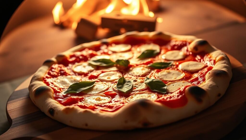 A classic Neapolitan pizza, fresh out of a wood-fired oven, its thin crust lightly charred, the edges delicately crisped. The surface is adorned with glistening tomato sauce, dotted with creamy mozzarella cheese, and garnished with fragrant basil leaves. The pizza is presented on a rustic wooden board, its aroma wafting through the air, inviting the viewer to savor its authentic, old-world flavors. Soft, warm lighting casts a cozy glow, evoking the ambiance of a traditional Italian pizzeria. The overall composition captures the essence of a homemade Neapolitan pizza, perfectly suited to accompany the article's focus on the joys of baking in a wood-fired oven.
