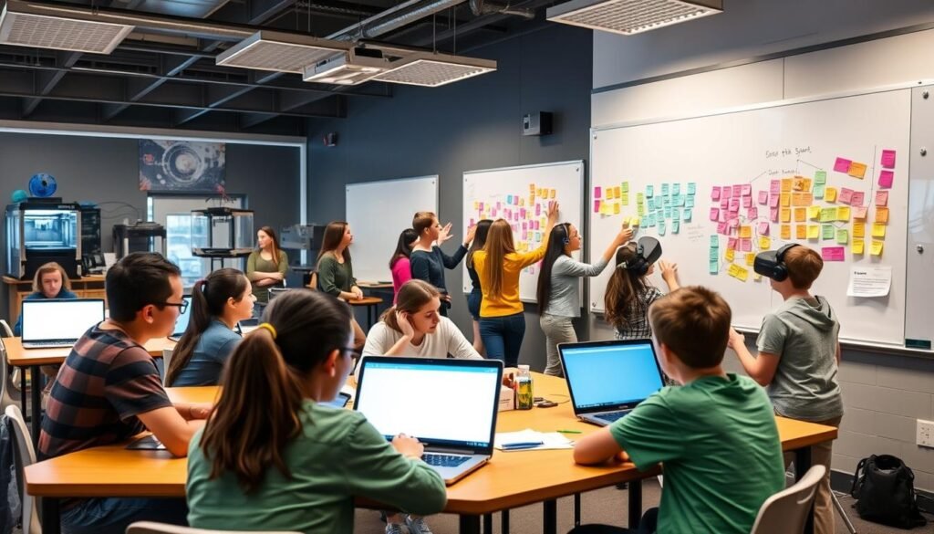 A classroom setting with students engaged in project-based learning activities. In the foreground, a group of students collaborating on a digital presentation, their faces lit by the glow of their laptop screens. In the middle ground, another group brainstorming ideas on a large whiteboard, surrounded by colorful sticky notes. In the background, the classroom is filled with modern, technology-enabled learning tools, such as 3D printers, virtual reality headsets, and digital whiteboards. The overall atmosphere is one of creativity, engagement, and the productive use of digital technologies to enhance the learning experience.