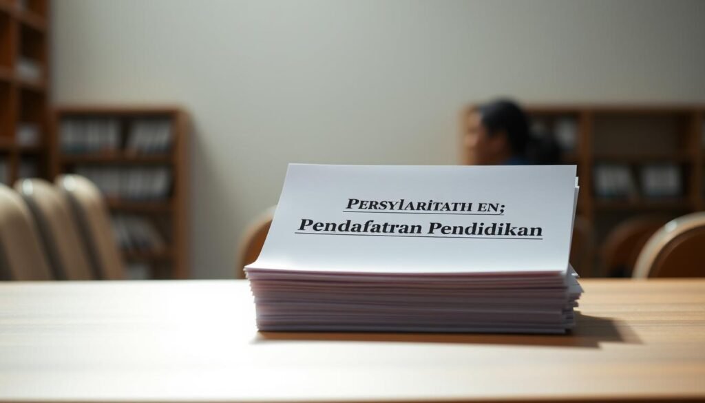 A clean, minimalist composition showcasing the enrollment requirements for a prestigious scholarship program. In the foreground, a stack of official-looking documents with a title "Persyaratan Pendaftaran Pendidikan" rendered in a professional, sans-serif font. The documents are placed on a smooth, muted surface, perhaps a wooden table or desk, bathed in soft, directional lighting that casts subtle shadows. In the background, a blurred, out-of-focus scene suggests an academic or administrative setting, hinting at the context of the scholarship. The overall tone is one of formality, seriousness, and attention to detail, reflecting the importance of the application process.