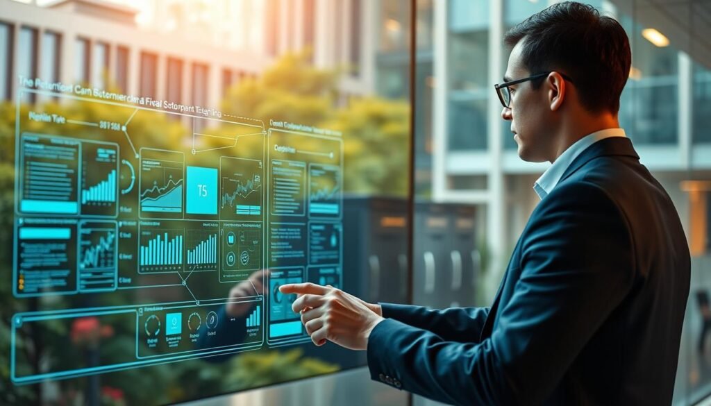 A digital transformation in the public sector, showcased through a sleek, minimalist interface. In the foreground, a government official navigates a state-of-the-art digital dashboard, accessing real-time data and making informed decisions. In the middle ground, a network of interconnected devices and servers symbolize the integration of technology into public services. The background features a blend of modern architecture and lush greenery, representing the harmonious integration of the digital and physical realms. Warm, diffused lighting casts a sense of progress and innovation, while a cinematic depth-of-field emphasizes the focal points. The overall atmosphere conveys a future-facing, efficient, and transparent public sector, ready to meet the challenges and opportunities of the digital age.