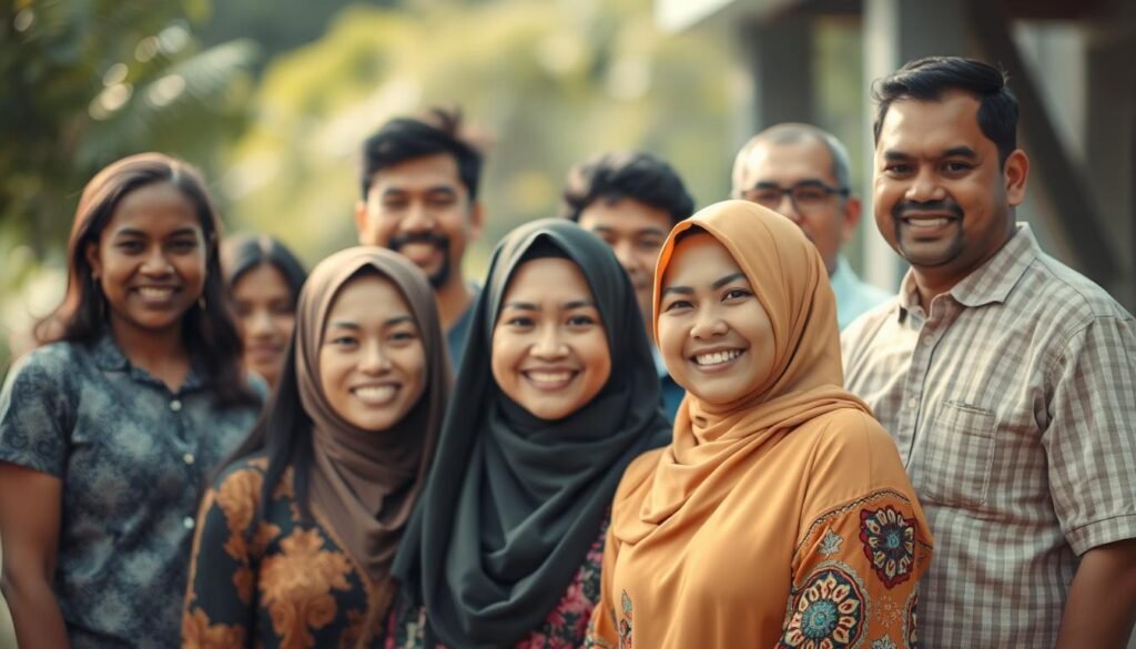 A group of diverse individuals, members of the Dalwa organization in Pasuruan, stand together confidently, their expressions reflecting a sense of community and shared purpose. The scene is captured in natural lighting, with a soft, warm tone that enhances the warmth and camaraderie among the group. The middle-ground focuses on the individuals, showcasing their unique features and expressions, while the background blurs gently, creating a sense of depth and emphasis on the subjects. The overall atmosphere conveys a sense of positivity, unity, and a shared commitment to the Dalwa organization and its mission.