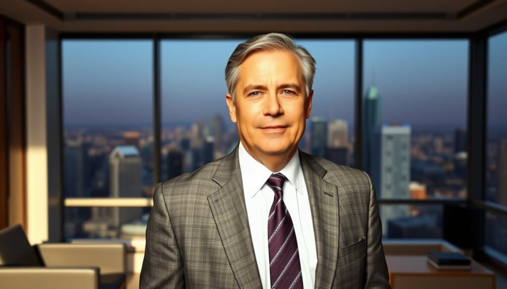 A middle-aged man in a formal suit and tie, standing confidently in a well-lit office. He has a serious yet approachable expression, conveying authority and professionalism. The background features sleek, modern furniture and a large window overlooking a bustling city skyline, suggesting his position as a high-ranking government official. The lighting is warm and directional, casting subtle shadows that accentuate the details of his face and attire. The overall atmosphere is one of competence, diligence, and a commitment to improving the lives of those under his charge.