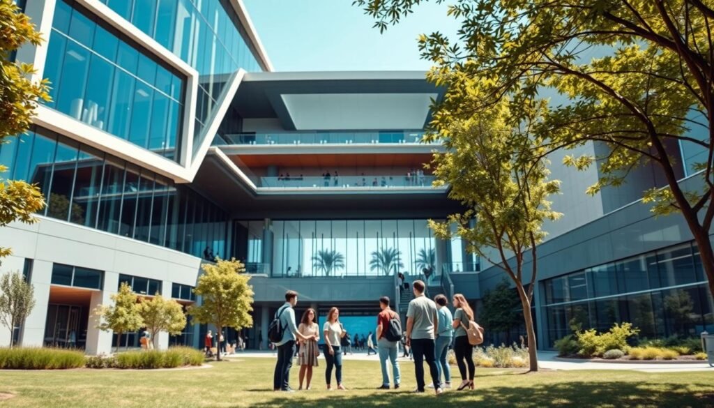 A modern university campus building, featuring a sleek, modular digital architecture. The facade is a striking blend of glass, steel, and geometric shapes, with clean lines and a minimalist aesthetic. In the foreground, a group of students engage in a collaborative project, gathered around a large interactive display screen. The middle ground showcases the building's central atrium, filled with natural light and bustling with activity. The background features a lush, verdant landscape, with trees and greenery framing the scene. The overall atmosphere conveys a sense of innovation, technology, and a forward-thinking approach to education.