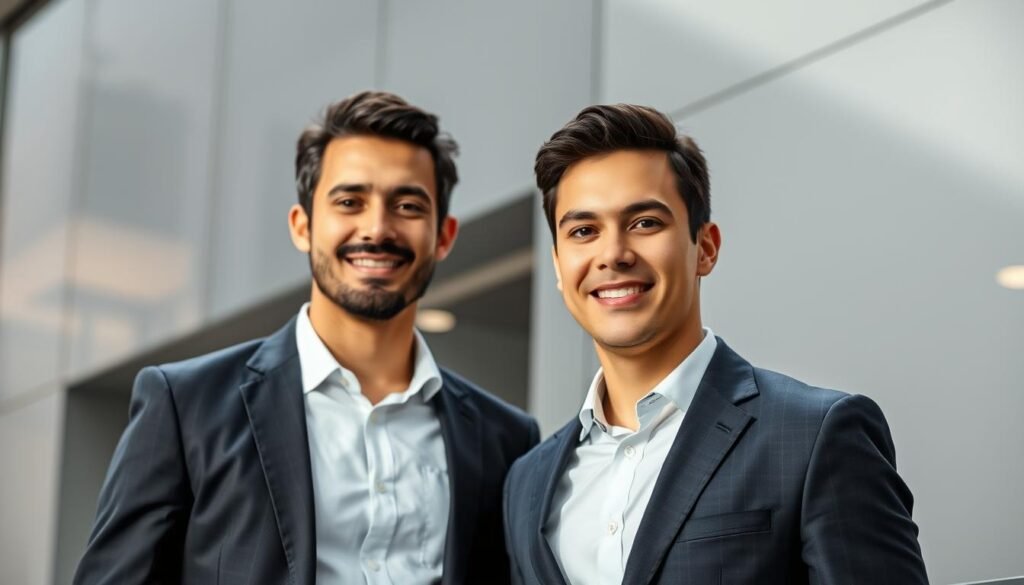 A portrait of the two founders of a thriving technology company, standing confidently against a sleek, modern backdrop. The two men, in their early thirties, are dressed in sharp, tailored suits, exuding an air of professionalism and success. Soft, directional lighting illuminates their faces, casting subtle shadows that highlight their determined expressions. The scene conveys a sense of ambition, innovation, and the inspiring journey of these entrepreneurs who have built a globally recognized brand. The overall atmosphere is one of achievement, visionary thinking, and the pursuit of transformative technological solutions.