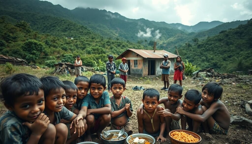 A remote, rugged village in the Intan Jaya region of Papua, Indonesia. In the foreground, a group of children huddle around a simple meal, their faces reflecting a mix of gratitude and uncertainty. In the middle ground, local community leaders engaged in earnest discussion, gesturing towards a small, weathered school building. The background is dominated by lush, verdant hills, but the atmosphere is tinged with a sense of unease, hinting at the complex realities of the region's ongoing conflict. Soft, diffused lighting illuminates the scene, casting a contemplative mood. Captured through a wide-angle lens to convey the vastness of the landscape and the weight of the challenges faced by this community.