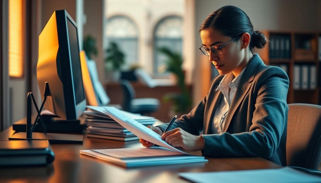 A serene administrative office scene, with a wooden desk, a computer monitor, and a stack of documents. The lighting is warm and natural, creating a cozy and professional atmosphere. In the foreground, a person in a crisp, formal outfit is filling out a registration form, their focused expression conveying the importance of the process. The background is blurred, hinting at the broader context of an educational institution, with subtle architectural details visible. The overall composition evokes a sense of order, efficiency, and the thoughtful execution of an important administrative task.