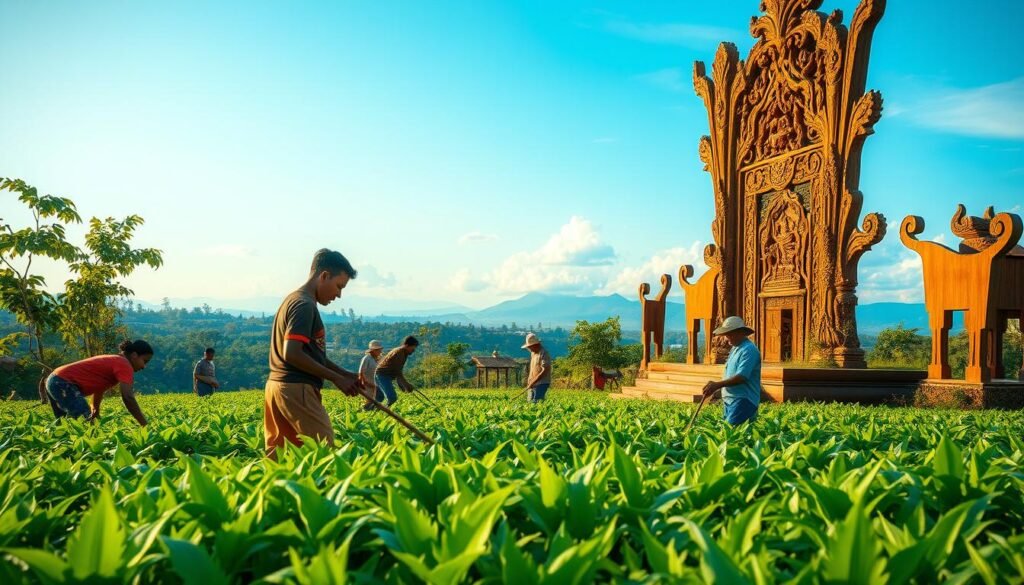 A serene, vibrant scene of an Indonesian aura farming ritual. In the foreground, a group of farmers reverently tending to verdant crops, their movements graceful and rhythmic. Mid-ground, an ornate, hand-carved wooden structure stands as a shrine, its intricate details bathed in warm, golden light. In the background, a lush, verdant landscape unfolds, with distant mountains and a cloudless, azure sky. The atmosphere is one of tranquility and deep connection to the land and its ancient traditions. Crisp, high-resolution, hyper-realistic, cinematic lighting.