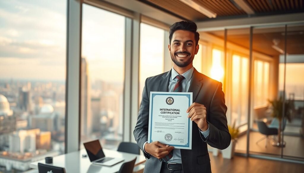 A sleek, modern office interior with large windows overlooking a bustling city skyline. In the foreground, a well-dressed professional stands holding an international certification document, their expression one of pride and accomplishment. The lighting is warm and inviting, casting a soft glow on the scene. In the middle ground, a desk with a laptop and other office accoutrements suggests a thriving, innovative workplace. The background features a panoramic view of the city, hinting at the global reach and impact of the organization. The overall atmosphere conveys a sense of success, expertise, and the prestige of earning an internationally recognized credential.