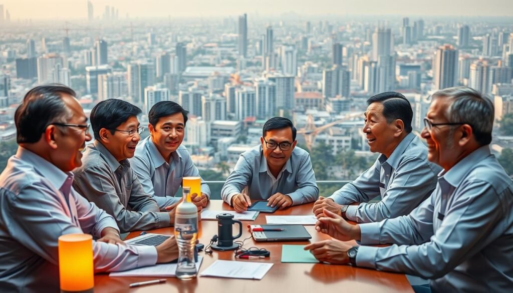A vibrant scene of local government coordination in the MBG program. In the foreground, a group of officials sit around a table, engaged in animated discussion, their faces lit by the warm glow of table lamps. The middle ground reveals a sprawling cityscape, with modern high-rises and infrastructure projects in the background, signifying the scale and complexity of the program. The lighting is soft and natural, casting subtle shadows and highlights that lend a sense of depth and atmosphere. The overall mood is one of collaboration, progress, and a shared sense of purpose in addressing the challenges faced by the community.