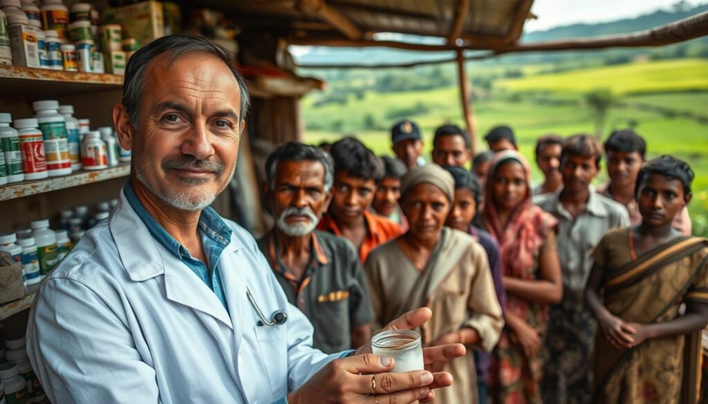 A village community gathers at a makeshift medical clinic, their faces etched with relief and gratitude. In the foreground, a kind-eyed doctor dispenses affordable medicines, his hands steady and his expression compassionate. Behind him, shelves brim with essential pharmaceuticals, a lifeline for those who can't afford the high costs of healthcare. The middle ground is a bustling scene, with villagers patiently waiting their turn, their simple clothes and weathered features speaking to the challenges of rural life. In the background, a verdant landscape unfolds, suggesting the tranquility and natural abundance of the countryside, a stark contrast to the pressing need being addressed in the clinic. Soft, natural lighting imbues the scene with a sense of warmth and hope, capturing the direct impact of accessible, affordable healthcare on the lives of this underserved community.
