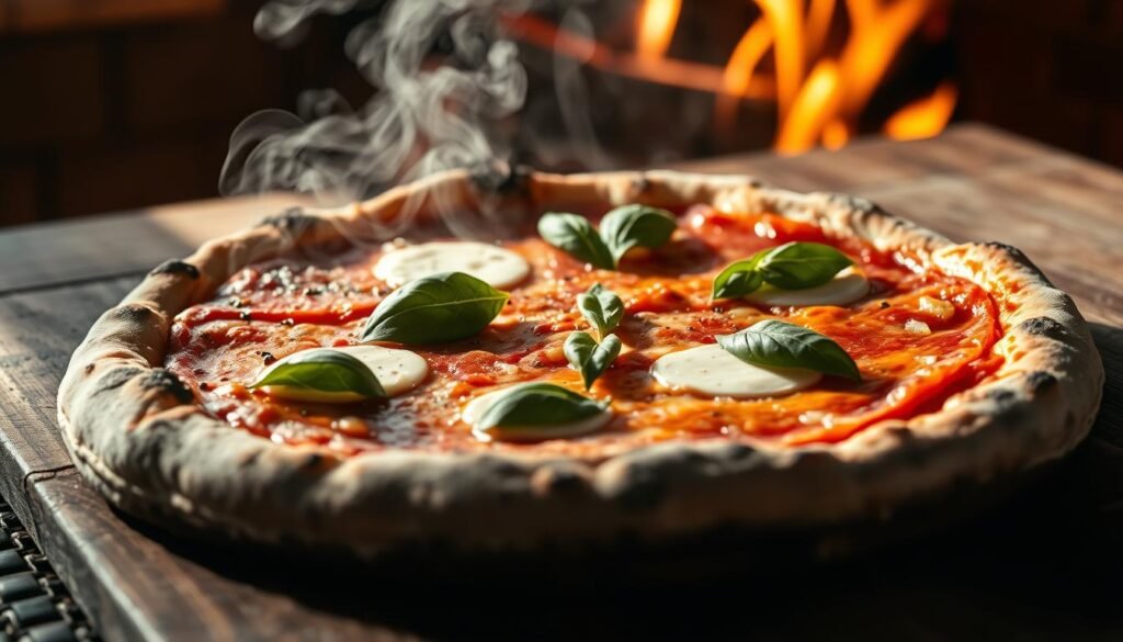A visually appetizing Neapolitan pizza, steaming hot from a rustic wood-fired oven, resting on a rustic wooden table. The crust exhibits a charred, bubbly texture, while the vibrant tomato sauce and fresh mozzarella cheese create a mouthwatering contrast. Basil leaves are delicately scattered across the surface, adding a pop of color and herbal aroma. Soft, diffused lighting from the side casts dramatic shadows, highlighting the pizza's artisanal qualities. The overall scene conveys the health benefits of this traditional Italian dish, with its emphasis on simple, high-quality ingredients.