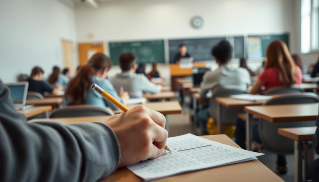 A well-lit classroom setting, with a group of students sitting at desks and taking a written exam. The foreground focuses on a student's hands carefully filling out an answer sheet, a pencil in hand. The middle ground shows a teacher's desk at the front of the room, papers and a laptop visible, conveying a sense of academic evaluation. The background depicts rows of empty desks and a chalkboard, creating a sense of focus and concentration. The lighting is soft and natural, enhancing the scholarly atmosphere. A subtle, contemplative mood pervades the scene, reflecting the importance of academic assessment.