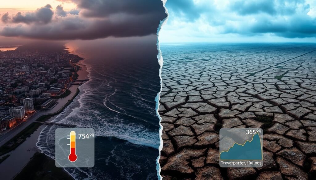 Dampak perubahan iklim seperti kenaikan permukaan laut dan cuaca ekstrem yang berkontribusi pada tekanan global Dampak perubahan iklim seperti kenaikan permukaan laut dan cuaca ekstrem yang berkontribusi pada tekanan global