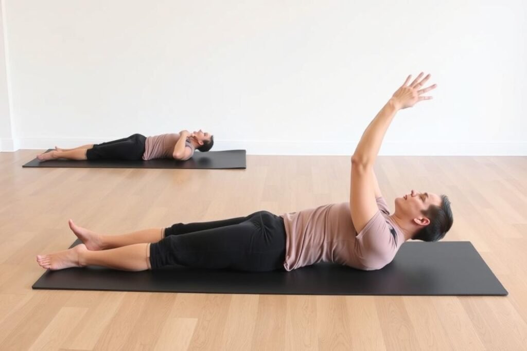 Demonstrasi gerakan Roll-Up dalam Pilates untuk memperkuat otot perut dan fleksibilitas tulang belakang Demonstrasi gerakan Roll-Up dalam Pilates untuk memperkuat otot perut dan fleksibilitas tulang belakang