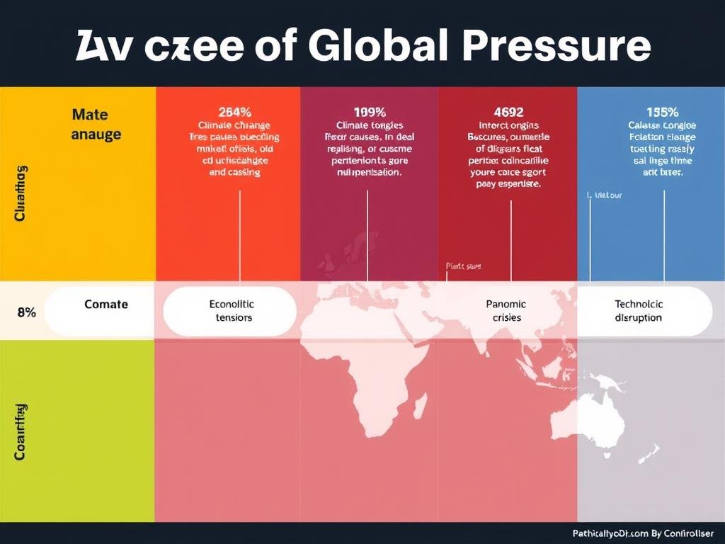 Grafik menunjukkan berbagai faktor penyebab tekanan global termasuk perubahan iklim dan ketegangan geopolitik Grafik menunjukkan berbagai faktor penyebab tekanan global termasuk perubahan iklim dan ketegangan geopolitik