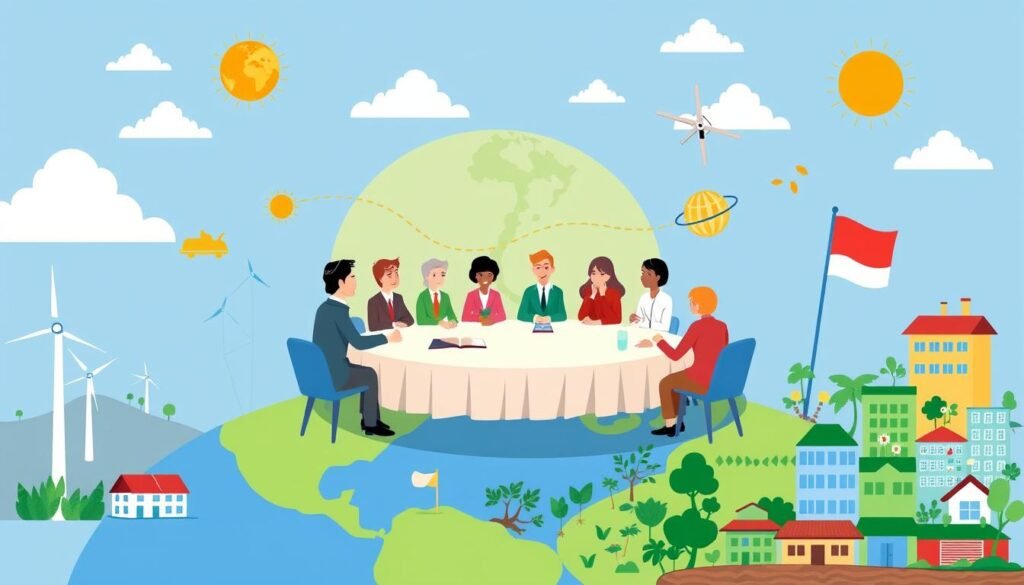 Ilustrasi solusi untuk mengatasi tekanan global termasuk kerjasama internasional dan inovasi teknologi Ilustrasi solusi untuk mengatasi tekanan global termasuk kerjasama internasional dan inovasi teknologi