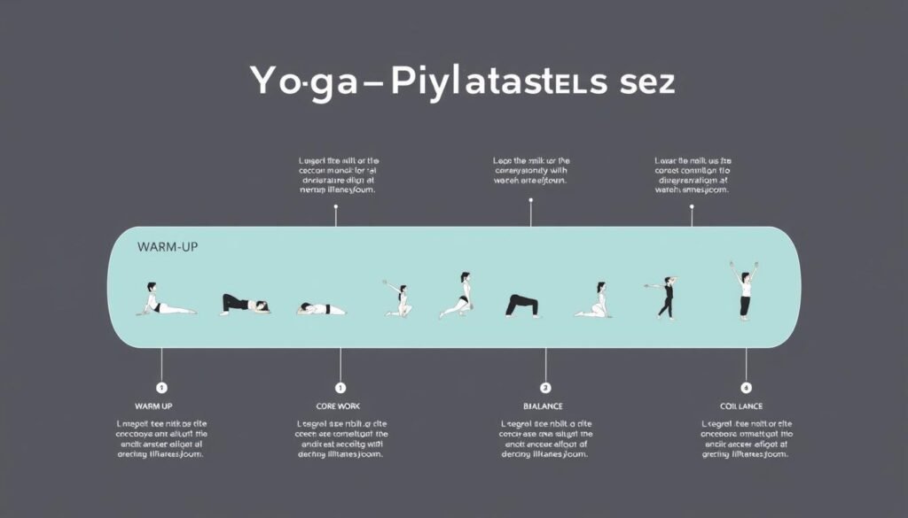 Ilustrasi struktur sesi latihan hybrid yang menggabungkan Yoga dan Pilates Ilustrasi struktur sesi latihan hybrid yang menggabungkan Yoga dan Pilates