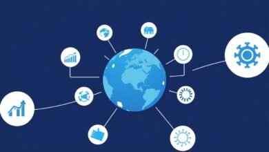 Ilustrasi tekanan global menunjukkan bumi dengan berbagai ikon yang mewakili tekanan ekonomi, lingkungan, dan geopolitik