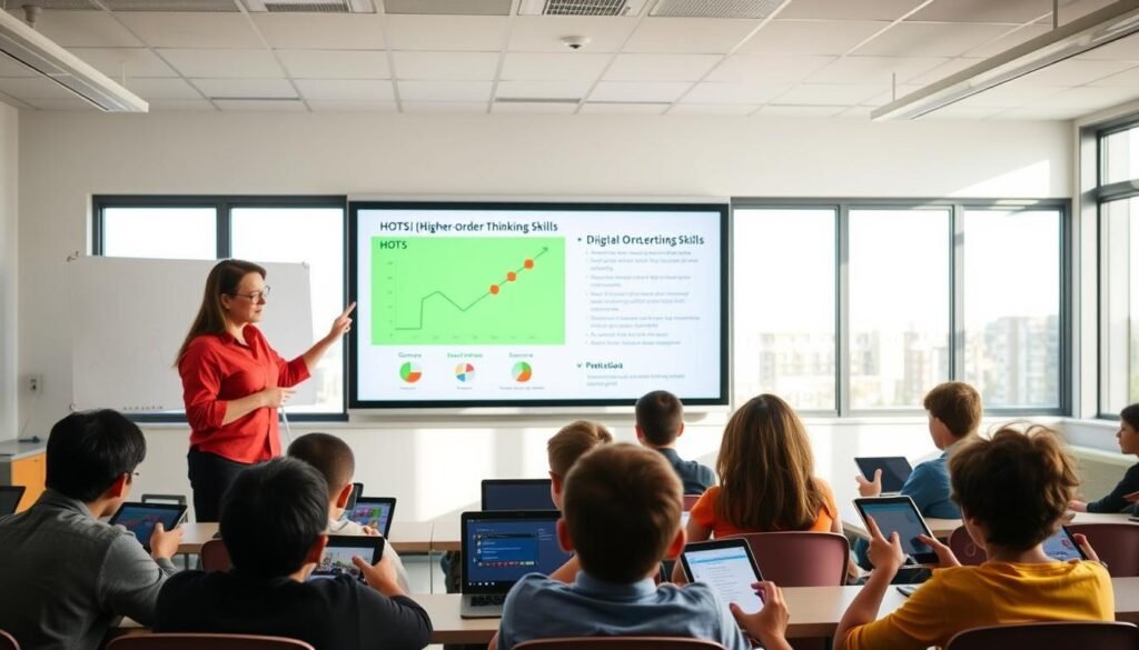 A classroom scene with students using various electronic devices like tablets, laptops, and smartphones. In the foreground, a teacher stands in front of the class, gesturing to a large touchscreen display showing a graph or chart related to higher-order thinking skills (HOTS). The middle ground features students engrossed in their digital learning tools, collaborating and exploring content. The background depicts an airy, modern classroom with large windows, allowing natural light to flood the space. The overall mood is one of engagement, technology integration, and a focus on enhancing critical thinking through digital tools.