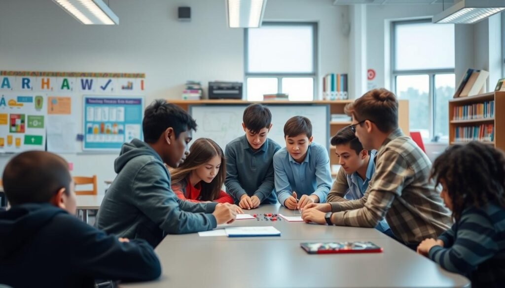 A classroom setting with a group of students and a teacher engaged in a hands-on learning activity. The foreground features a group of students huddled around a table, immersed in a collaborative task that requires critical thinking and problem-solving. The middle ground showcases the teacher guiding the students, using a whiteboard or digital display to illustrate key concepts. The background depicts a well-lit, modern classroom environment with educational posters, shelves of books, and windows allowing natural light to flood the space. The overall atmosphere conveys a sense of active learning, intellectual engagement, and a focus on developing higher-order thinking skills.
