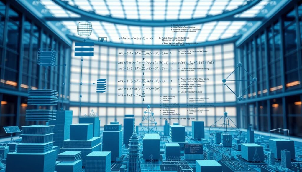 A complex, technical diagram depicting the fundamental structure and algorithms of data structures. In the foreground, a stylized visualization of various data structures such as stacks, queues, trees, and graphs, rendered in shades of blue and gray. In the middle ground, abstract mathematical equations and code snippets hover, illustrating the underlying algorithms and logic. The background features a gridded, architectural landscape, suggesting the systematic, structural nature of computer science principles. The scene is illuminated by a cool, fluorescent lighting, creating a sense of precision and digital elegance. The overall composition conveys the essential technical skills and knowledge that computer science graduates must master to succeed in their future careers.