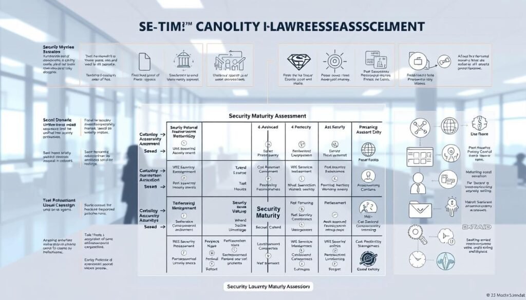 A detailed, technical diagram depicting a security maturity assessment process. In the foreground, a central graph or matrix shows levels of security maturity, from basic to advanced, with various organizational domains mapped across. The middle ground features icons and illustrations representing different security assessment methodologies, frameworks, and tools. In the background, a subtle cityscape or office environment suggests the corporate context. Bright, directional lighting casts shadows and highlights key elements. The overall mood is one of analytical rigor, data-driven insights, and a path towards improved cybersecurity posture.
