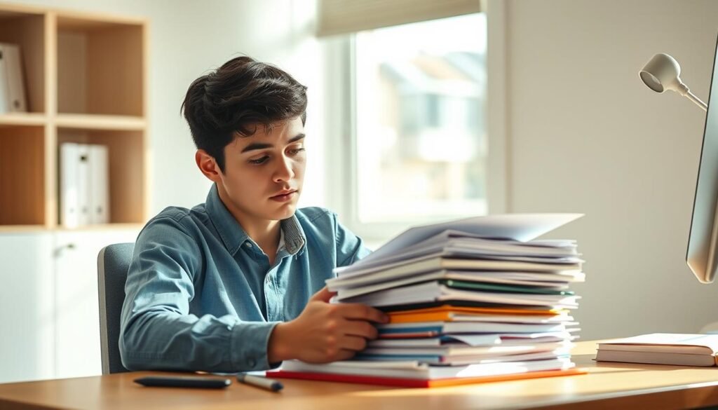 A focused student sitting at a desk, intently studying a stack of papers and books, surrounded by a clean, well-lit workspace. The scene conveys a sense of concentration and determination, with subtle elements hinting at the student's strategic approach to the university entrance exam. Soft natural lighting from a nearby window creates a warm, productive atmosphere. The composition emphasizes the student's face and upper body, drawing the viewer's attention to the individual's engagement with the task at hand.
