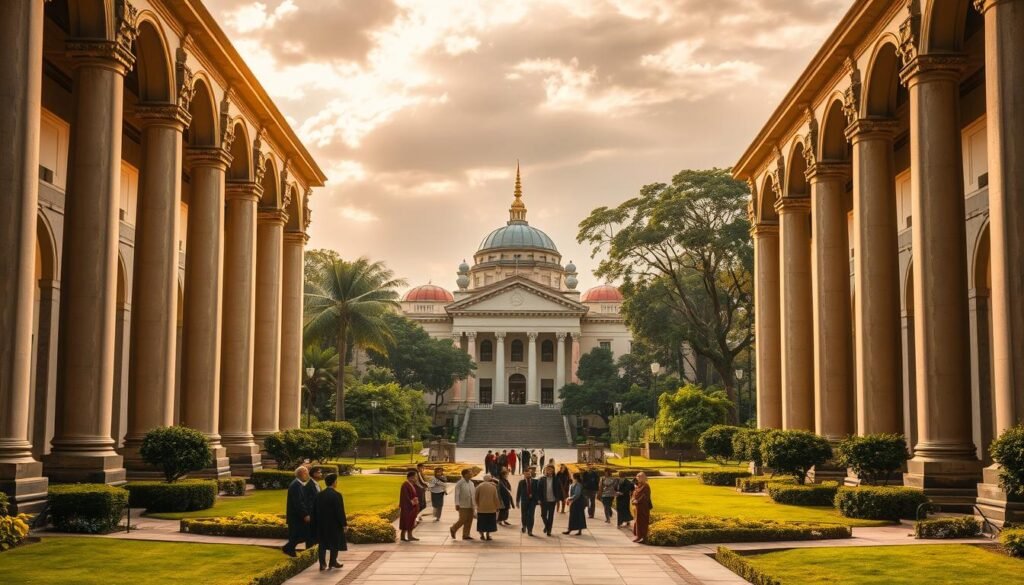 A grand, domed university campus nestled in lush, verdant grounds. Stately columns and arched entryways flank a central plaza, where students in traditional academic robes gather. Warm, golden light filters through the towering stained-glass windows, casting a reverent glow over the scene. In the distance, a minaret-topped mosque stands as a testament to the institution's heritage and commitment to interfaith dialogue. The overall atmosphere exudes a sense of timeless wisdom, scholarly pursuit, and spiritual enlightenment - a fitting representation of "Universitas" in the context of Indonesia's educational innovation.