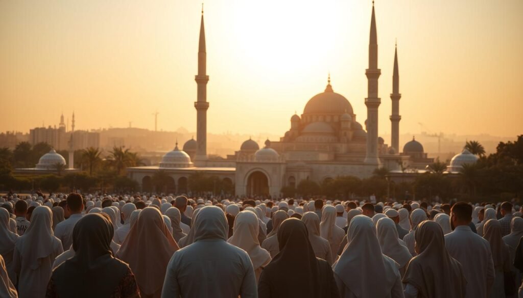 A grand mosque stands tall, its minarets piercing the sky. In the foreground, a group of people dressed in modest Islamic attire gather, their expressions solemn as they participate in a religious ceremony. The scene is bathed in warm, golden light, casting a reverent atmosphere. In the background, the city skyline fades into the distance, a testament to the integration of Islamic law into the fabric of daily life. The image conveys a sense of tradition, devotion, and the seamless implementation of Sharia law within the community.