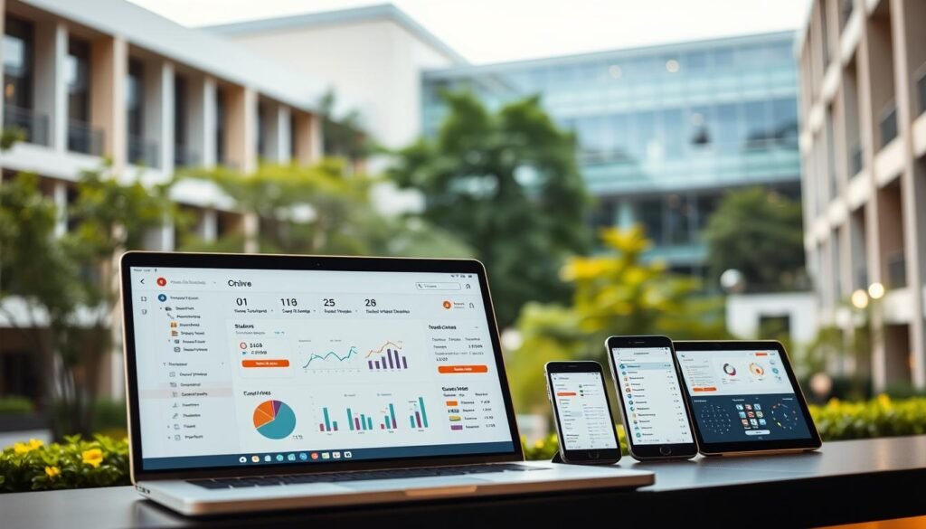 A high-tech academic information system interface, with a clean and intuitive design. In the foreground, a laptop displays the main dashboard, featuring organized menus, student data visualizations, and administrative tools. The middle ground showcases various connected devices, like smartphones and tablets, synchronizing student records and schedules. In the background, a modern university campus with sleek architecture and lush greenery creates a professional, educational atmosphere. Warm, indirect lighting casts a soft glow, while the camera angle is slightly elevated to convey a sense of authority and importance. The overall mood is one of efficiency, innovation, and student-centric focus.