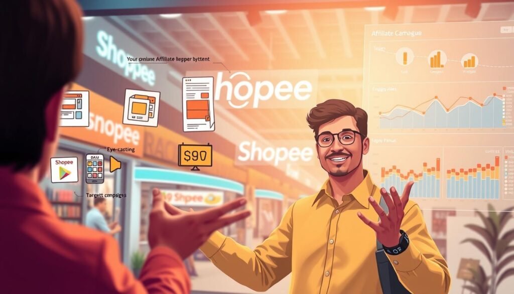 A meticulously crafted digital illustration of a dynamic Shopee affiliate marketing strategy. In the foreground, a person gestures confidently, presenting various promotional tactics such as eye-catching social media posts, targeted email campaigns, and engaging video content. The middle ground showcases a bustling online marketplace, with Shopee's iconic branding prominently displayed. In the background, a data visualization dashboard tracks affiliate performance metrics, highlighting key insights for optimizing revenue. The scene is bathed in a warm, inviting color palette, conveying a sense of success and profitability. Cinematic lighting and a shallow depth of field create a professional, high-quality aesthetic.