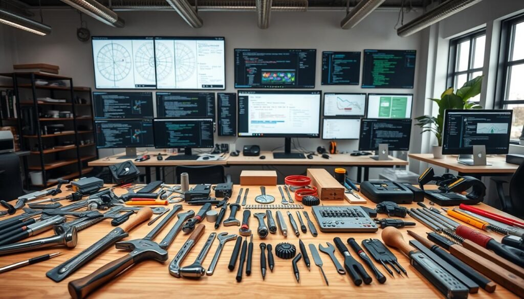 A meticulously crafted workspace filled with an array of tools and frameworks, all arranged in a harmonious, well-organized manner. In the foreground, an assortment of specialized instruments – hammers, wrenches, screwdrivers, and other essential components – neatly laid out on a wooden surface, conveying a sense of precision and functionality. In the middle ground, various digital interfaces and screens display intricate diagrams, code snippets, and project management tools, symbolizing the integration of technology and hands-on work. The background features a minimalist, modern office setting, with clean lines, natural lighting, and a serene atmosphere, evoking a productive and collaborative work environment. The overall scene emanates a strong sense of professionalism, attention to detail, and a commitment to continuous improvement and growth.