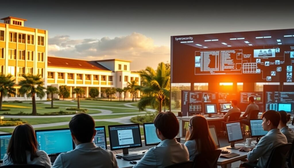 A modern university campus, its buildings and grounds bathed in warm, golden afternoon light. In the foreground, a group of students engrossed in a cybersecurity lecture, their faces lit by the glow of computer screens. In the middle ground, a student presentation showcases the latest security software and protocols. In the background, a high-tech security operations center, with technicians monitoring real-time data feeds and responding to emerging threats. The scene conveys a sense of academic rigor, technological innovation, and the growing importance of cybersecurity education in Indonesia.