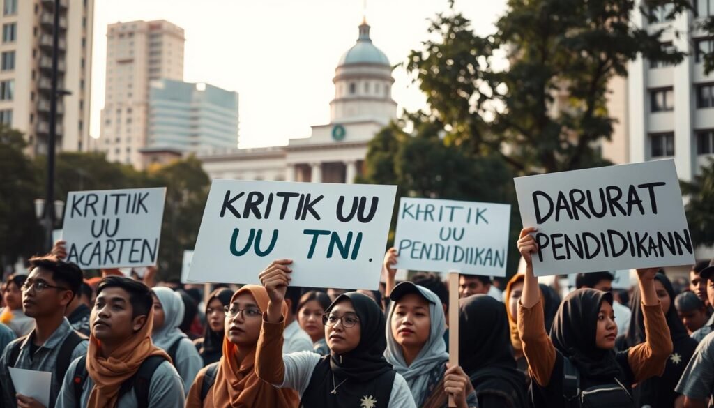 A peaceful protest scene in a city square, with a group of students holding signs that read "Kritik UU TNI" and "Darurat Pendidikan." The protesters are standing in the foreground, their faces filled with determination, while in the background, a government building stands tall, suggesting the focus of their criticism. The lighting is soft and natural, casting a warm glow over the scene. The composition is balanced, with the protesters and the building framed by the surrounding urban landscape. The mood is one of civic engagement and a desire for positive change.