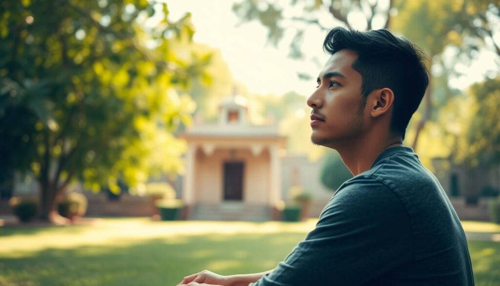 A serene, contemplative young man gazes thoughtfully, sitting cross-legged in a tranquil garden setting. Soft natural lighting filters through lush greenery, casting a warm, meditative glow. In the background, a simple yet elegant architectural structure, perhaps a modest prayer hall or meditation space, stands as a symbol of spiritual introspection. The man's expression conveys a sense of inner calm and focused determination, as if mentally rehearsing for an important forthcoming event. The overall scene evokes a atmosphere of spiritual preparedness and quiet confidence.
