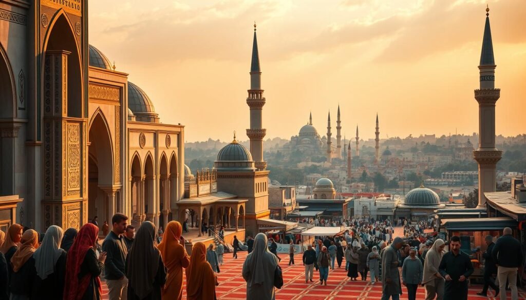A serene mosque at the center of a vibrant Islamic community, its intricate architectural details bathed in warm, golden light. In the foreground, a group of worshippers engage in quiet reflection, their robes and hijabs flowing gracefully. The middle ground features a bustling marketplace, where merchants sell traditional wares and locals go about their daily lives, adhering to the principles of Sharia law. In the background, a sprawling cityscape with towering minarets and domes, symbolizing the widespread implementation of Islamic teachings. The scene exudes a sense of harmony, devotion, and the seamless integration of faith into the fabric of everyday existence.