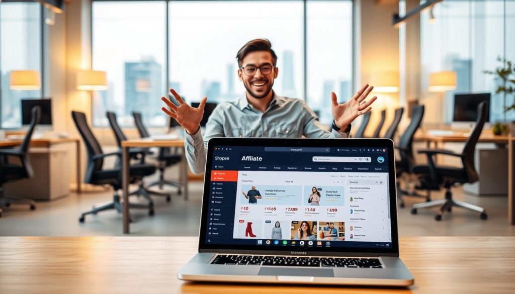 A vibrant, dynamic scene showcasing the essence of Shopee Affiliate. In the foreground, a laptop or smartphone displays the Shopee Affiliate interface, its sleek design and intuitive layout inviting the viewer to explore the platform. Surrounding the device, an array of enticing product images, commission rates, and affiliate marketing tools create an air of opportunity and potential. In the middle ground, a person, dressed casually yet professionally, gestures excitedly while engaged in the affiliate dashboard, their expression radiating enthusiasm and a sense of empowerment. The background is filled with a modern, minimalist office setting, complete with ergonomic furniture, warm lighting, and a backdrop of city skyline, suggesting the flexibility and independence of this online earning method. The overall tone is one of optimism, innovation, and the promise of financial success through the Shopee Affiliate program.