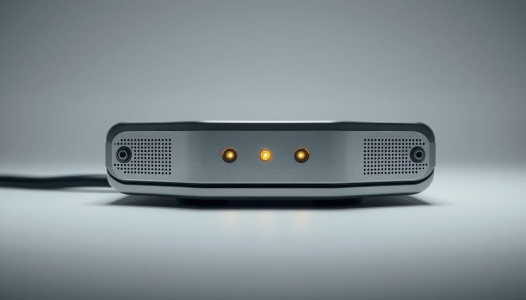 A close-up view of a high-tech ultrasonic proximity sensor, its sleek metallic housing reflecting the soft, even lighting of a professional studio setup. The sensor's face is centered, its surface dotted with tiny perforations and indicator lights, conveying a sense of advanced, precision engineering. The background is a muted, neutral palette, allowing the device to take center stage and highlighting its technical capabilities. The overall mood is one of minimalist elegance, emphasizing the sensor's role as a key component in enabling seamless, wireless data transfer between devices.