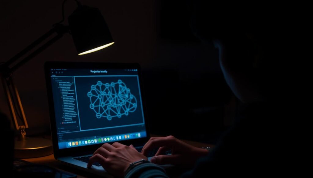 A dimly lit workspace with a person sitting at a desk, intently studying a complex diagram on a laptop screen. The diagram depicts a series of interconnected components, representing the "panduan pemecahan masalah proximity" concept. The room is illuminated by a warm, desk lamp, casting a soft, focused glow on the workspace. The person's face is partially obscured, highlighting their deep concentration. The background is slightly blurred, drawing the viewer's attention to the diagram and the person's problem-solving process. The image conveys a sense of thoughtful exploration and determination to understand the technical details of the proximity-based problem-solving approach.