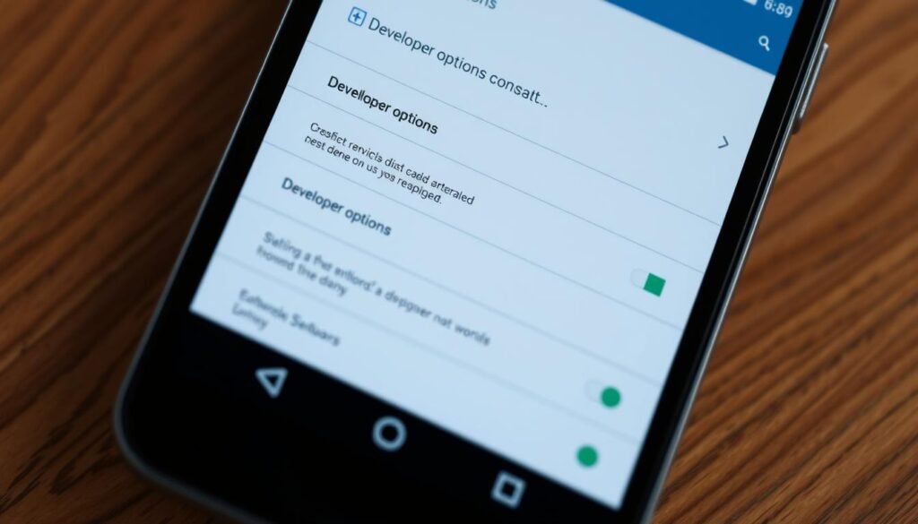 A high-quality close-up view of a modern Android smartphone screen displaying the "Developer options" menu. The menu shows various technical settings and toggles, with a clean and organized layout. The screen is well-lit, with a sharp focus and shallow depth of field, drawing the viewer's attention to the menu details. The overall tone is professional and informative, reflecting the subject's technical nature. The background is slightly blurred, providing context without distracting from the main subject.