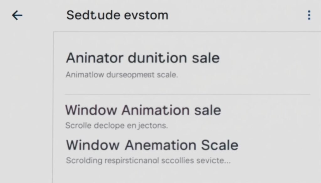 A high-resolution, detailed image of the Android Developer Options menu, prominently displaying the "Animator Duration Scale" and "Window Animation Scale" settings. The screen is shown in a clean, minimalist style with a soft, natural lighting environment. The menu options are clearly legible, and the overall composition emphasizes the simplicity and accessibility of these settings. The image conveys a sense of refinement and optimization, hinting at the potential to improve the scrolling experience and system responsiveness on the Android device.