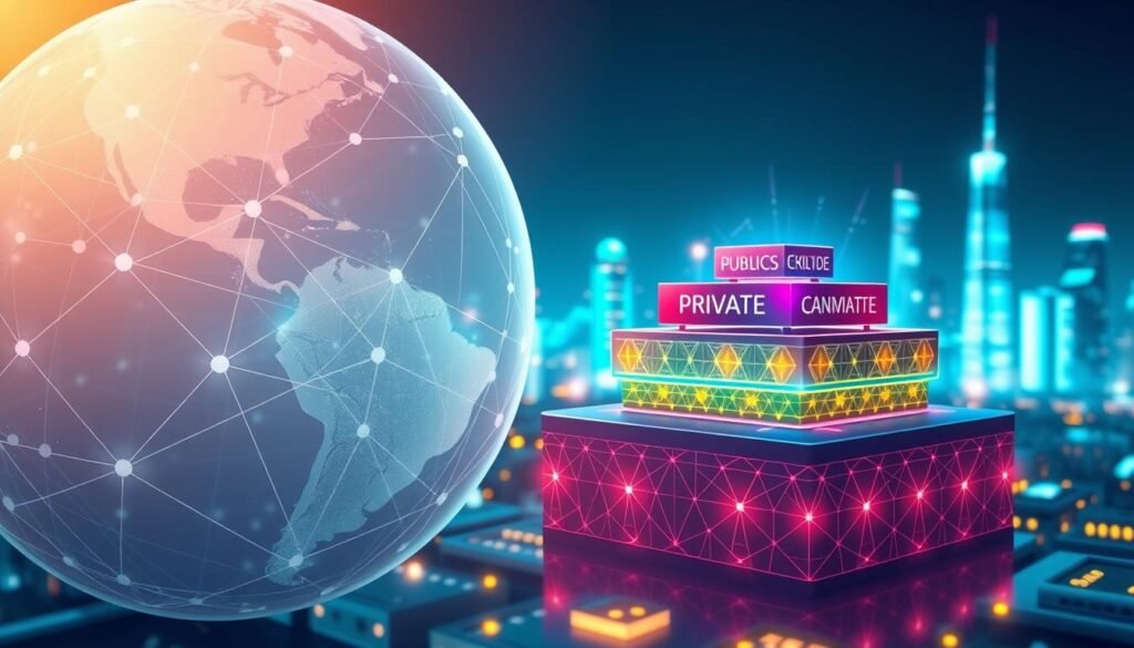 A professional and visually engaging illustration depicting various types of blockchain networks. In the foreground, a large, translucent globe with interconnected lines represents global networks, showing nodes symbolizing users and businesses. In the middle ground, layers of distinct blockchain types—public, private, and consortium—are illustrated as colorful, interconnected blocks, each with unique patterns and colors. The background features a futuristic digital city skyline, with glowing lights and holographic displays, highlighting the advanced technology associated with blockchain. Soft, cool lighting casts a clean and modern atmosphere, with a slight depth of field effect narrowing the focus on the blockchain networks. The image conveys trust, innovation, and connectivity in the digital business ecosystem.