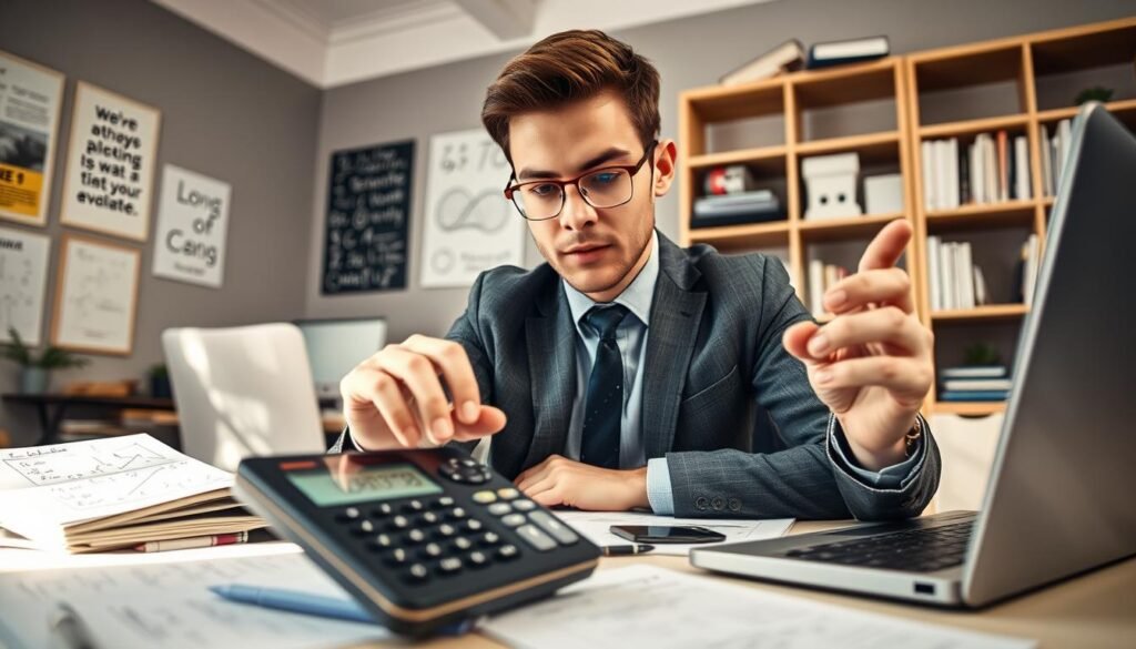 A professional male student, dressed in smart casual attire, intently studies a graphing calculator with a sleek design. He's seated at a modern desk cluttered with notebooks and a laptop displaying complex mathematical equations. The foreground shows his focused expression as he analyzes the device, while the middle layer features the graphing calculator, illuminated by soft, natural lighting that enhances its glossy screen. In the background, a bright and organized study area is visible, with motivational posters and a bookshelf filled with academic texts. The atmosphere is one of concentration and productivity, emphasizing the calculator's benefits for students and professionals in a modern educational context. The angle captures the essence of a dedicated learning environment, highlighting the integration of technology in academic pursuits.