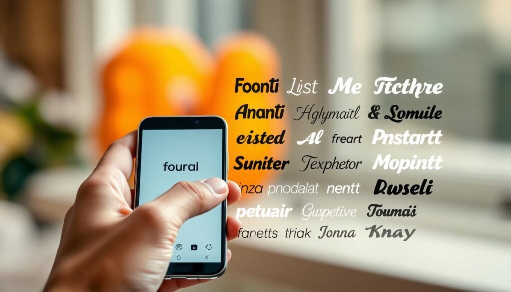 A vibrant and modern composition showcasing the process of "mengganti fonts" on a sleek Android device. In the foreground, a hand delicately interacting with the phone's display, navigating through a clean and intuitive interface to select a new font. The middle ground features a visually striking array of diverse font options, each with its own unique personality, conveying the abundance of customization possibilities. The background is softly blurred, creating a sense of depth and focus on the central task at hand. The overall scene is bathed in a warm, natural lighting that enhances the sophistication and personal touch of the user's font selection journey.