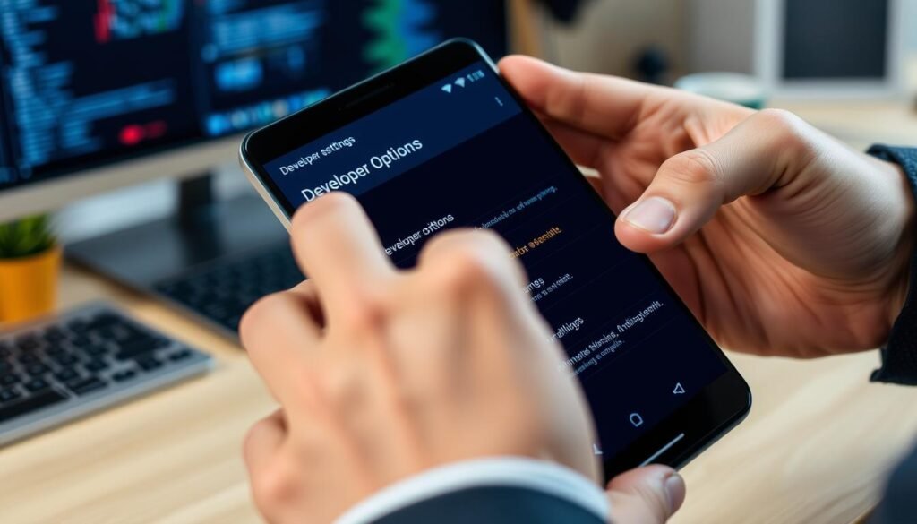 A close-up scene of an Android smartphone's Developer Options screen displayed on a modern, sleek device. The interface shows various developer settings, highlighted in vivid colors against a dark background. In the foreground, a pair of professional hands, dressed in smart business attire, are gently navigating the screen, hinting at caution and awareness. The mood is serious and focused, emphasizing the importance of understanding risks. The background features a softly blurred tech-themed workspace with subtle lighting that casts a warm glow, adding depth. The camera angle is slightly tilted to capture both the device and the engaged user clearly, enhancing the sense of active learning and vigilance.