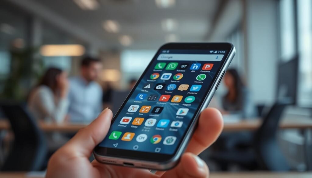 A close-up shot of a modern Android smartphone displayed prominently in the foreground, showcasing a home screen filled with various bloatware icons. The background features a blurred office setting, highlighting a busy daily work environment. Soft, diffused lighting casts gentle shadows on the device, emphasizing its sleek design. The scene conveys a sense of frustration and confusion as the smartphone's performance is impacted by the numerous unused applications visible on the screen. Subtle streaks of light simulate the digital glitches often associated with slow devices, creating an atmosphere of urgency. The overall color palette is muted, focusing on grays and blues, symbolizing the challenges of managing bloatware in everyday use.
