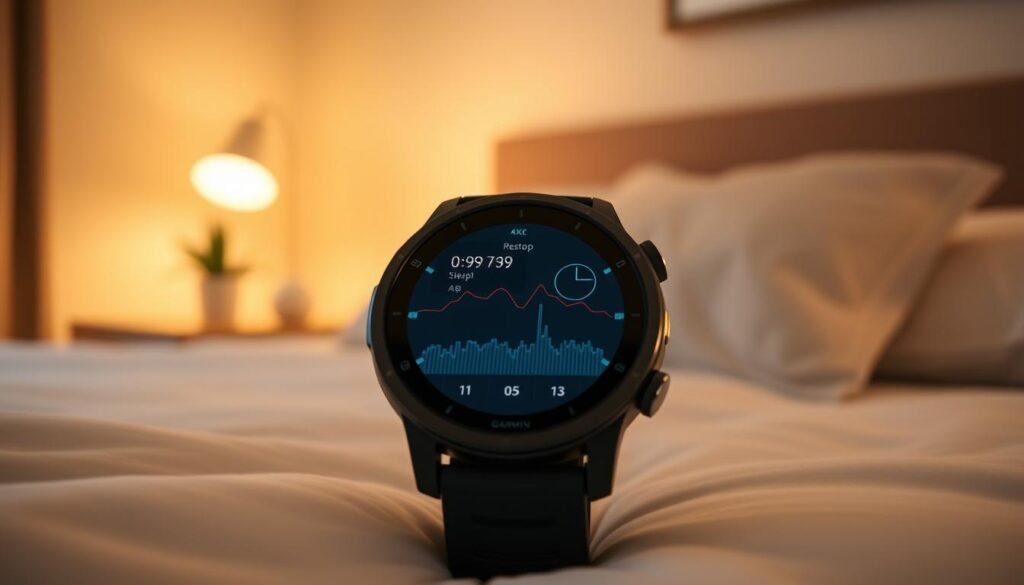 A close-up view of the Garmin Venu 3 smartwatch displaying its sleep tracking feature, prominently showcasing vivid graphs and sleep data. The smartwatch is set against a softly lit, serene bedroom environment with gentle, warm lighting that evokes a sense of calmness and restoration. In the background, a cozy bed with neatly arranged pillows and a subtle hint of nightstand decor, such as a small plant and a minimalist lamp, creates an inviting atmosphere. Emphasize the sleek design of the smartwatch with a focus on its screen, capturing the intricate details of the interface. The image should convey an overall feeling of tranquility and wellness, ideal for athletes seeking optimal recovery through sleep tracking.