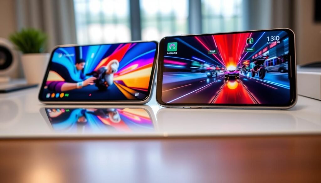 A close-up view of two high-end smartphones, one from Samsung and one from Xiaomi, side by side on a sleek modern desk. The screens of both devices showcase vibrant AMOLED displays, exhibiting vivid colors and deep contrasts, with one screen displaying a dynamic video and the other showing a bright, colorful game scene. In the foreground, focus on the phones' smooth edges and premium materials. In the middle background, a subtle reflection of natural light highlights the devices, emphasizing the richness of their displays. Use soft, diffused lighting to create an inviting atmosphere, ensuring the image feels contemporary and tech-focused. The angle should be slightly tilted for a dynamic perspective, capturing the essence of performance in a real-world testing scenario.